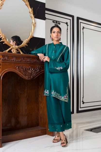 Teal Raw Silk Front Open Kurta And Culottes