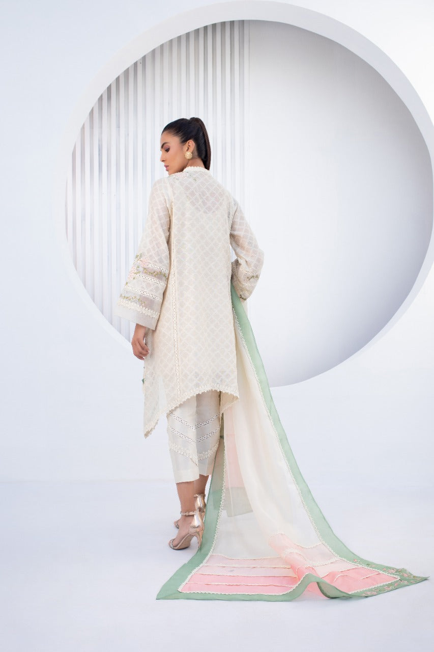 Ivory Cotton Net Kurta And Raw Silk Trouser with Dupatta