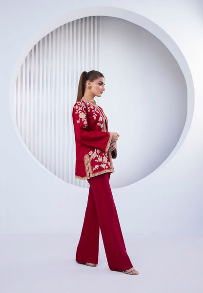 Wine Red Self Jamawar Jacket With Trousers