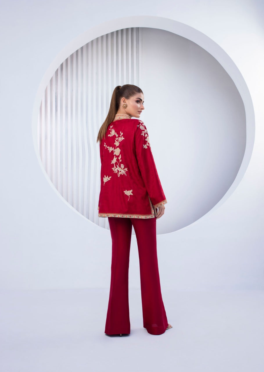 Wine Red Self Jamawar Jacket With Trousers