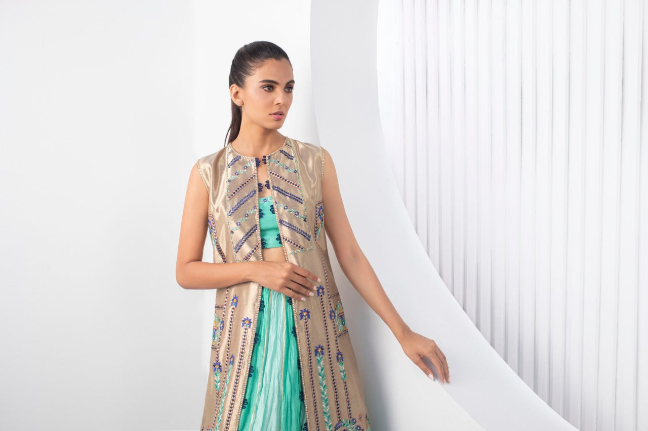 Tissue Jacket with Lehnga Choli