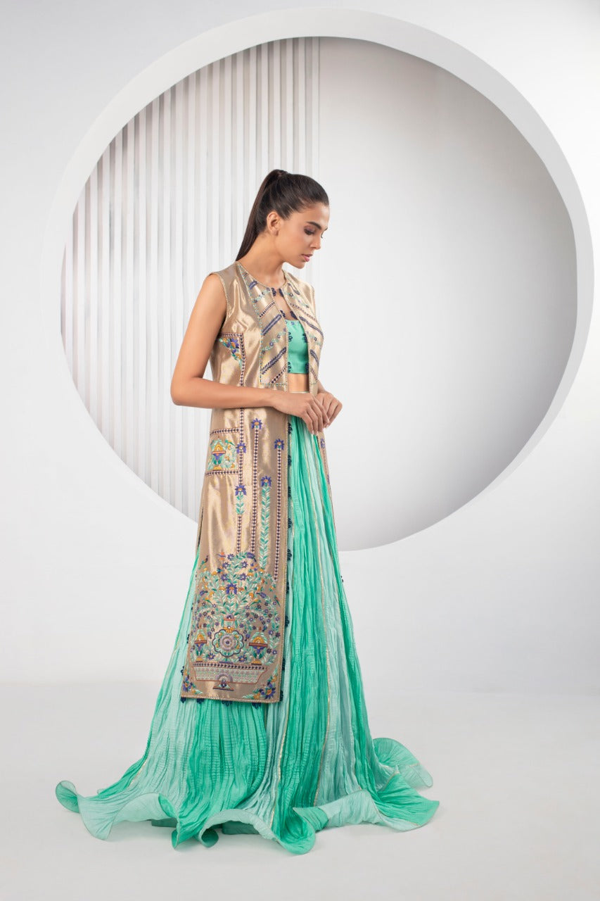 Tissue Jacket with Lehnga Choli