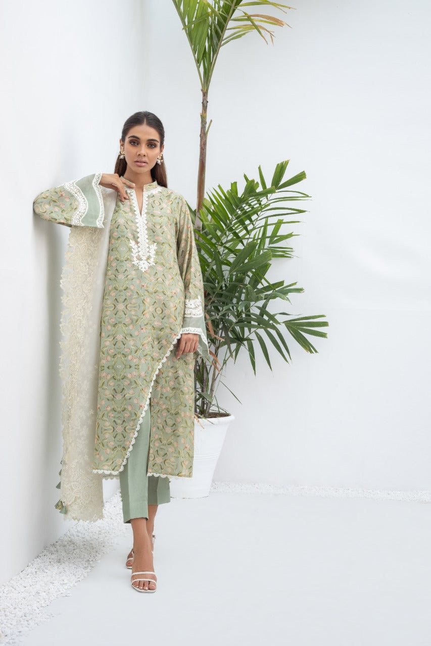 Printed Khaddi Silk Overlap Kurta And Trouser with Dupatta