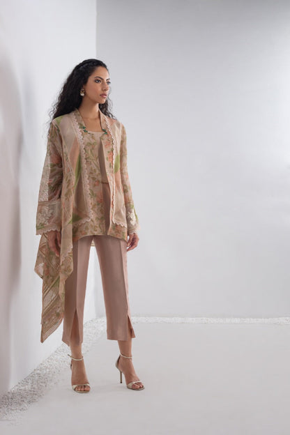 Printed Cotton net Asymmetric Jacket And Trouser
