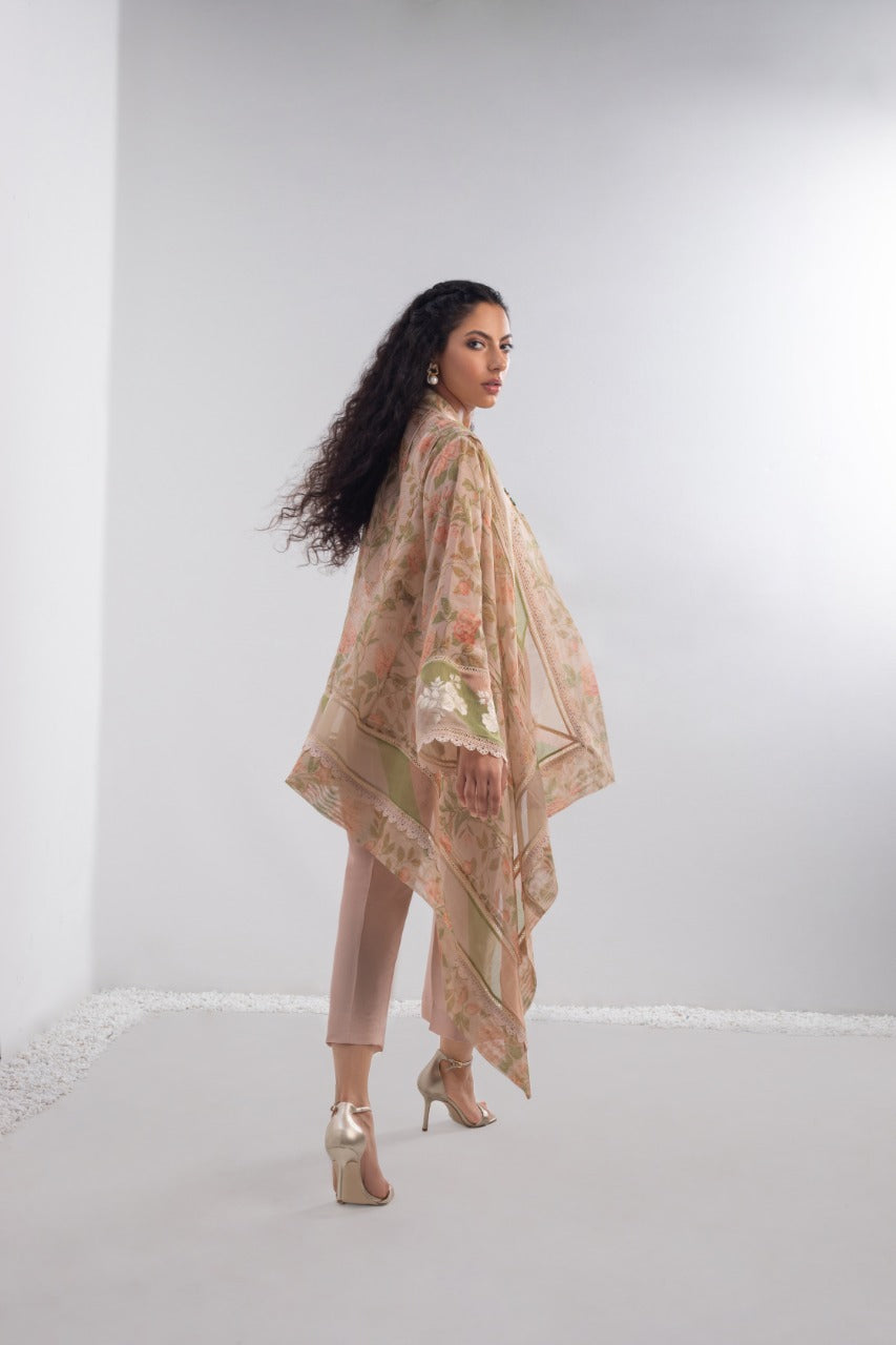 Printed Cotton net Asymmetric Jacket And Trouser
