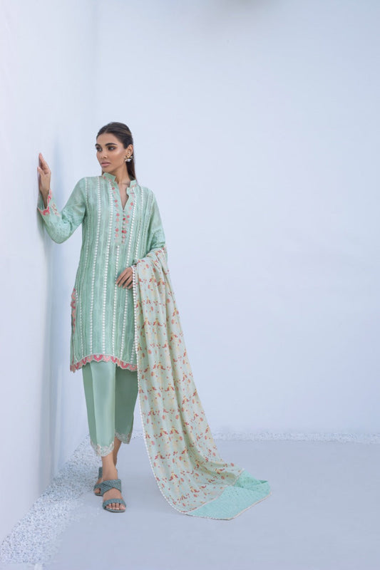Cotton Net Embroidered Kurta And Panwaar with Dupatta