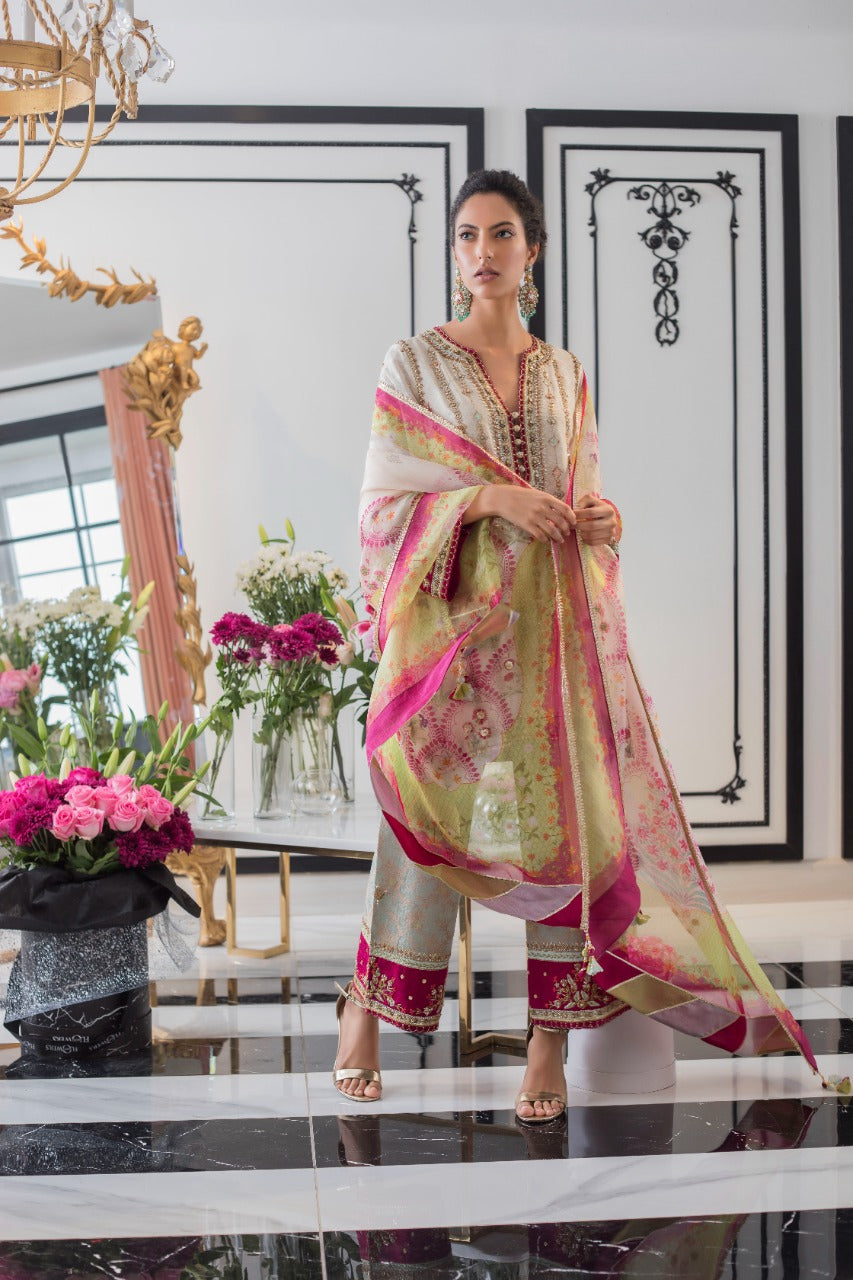 Cotton Net Ivory Kurta with Dupatta