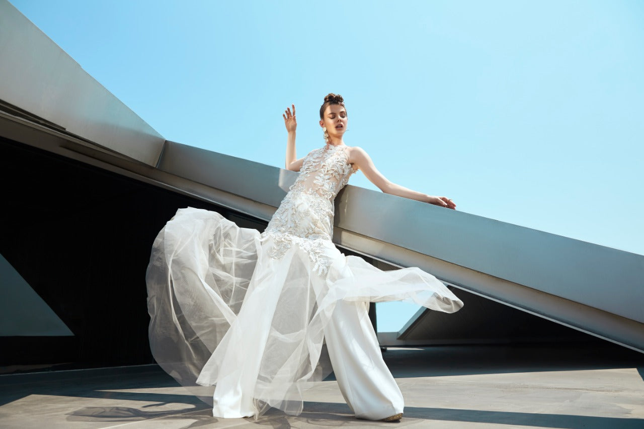 Full Length Net Dress With Flared Pants