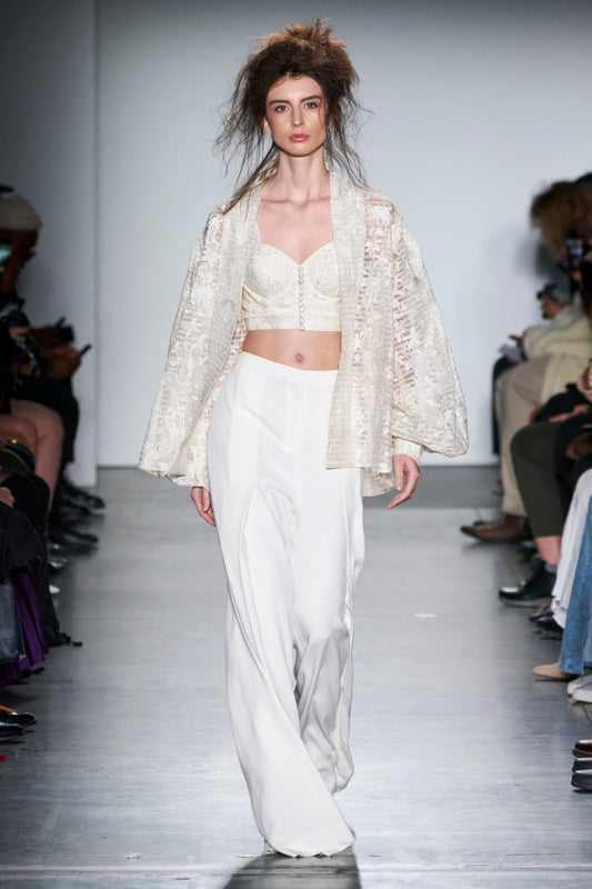 Short Cuffed Sleeves Jacket With Bralette And Draped trousers