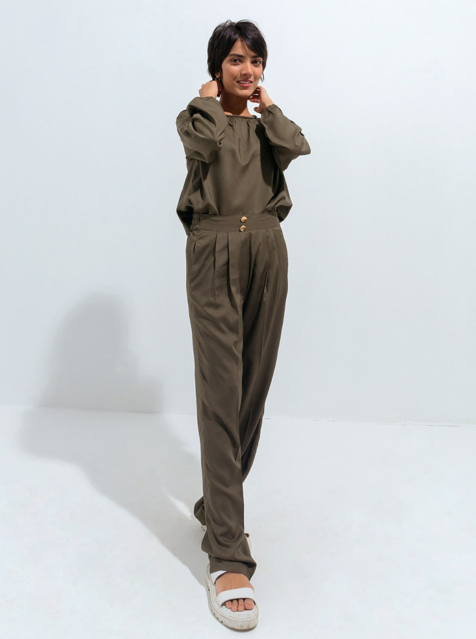 Beechtree - Dark Olive Metal Buttoned Straight Pants