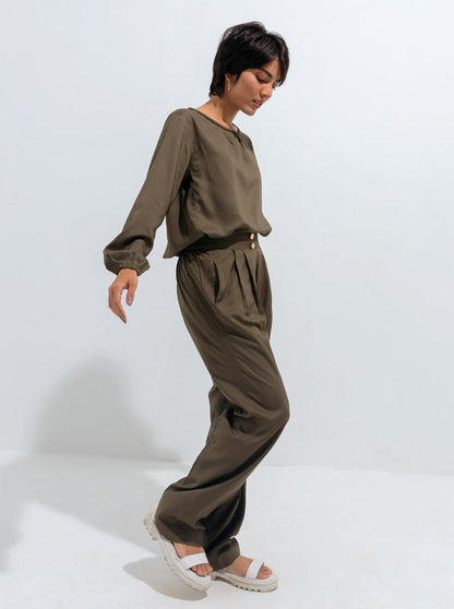 Beechtree - Dark Olive Metal Buttoned Straight Pants