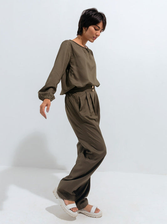 Beechtree - Dark Olive Metal Buttoned Straight Pants