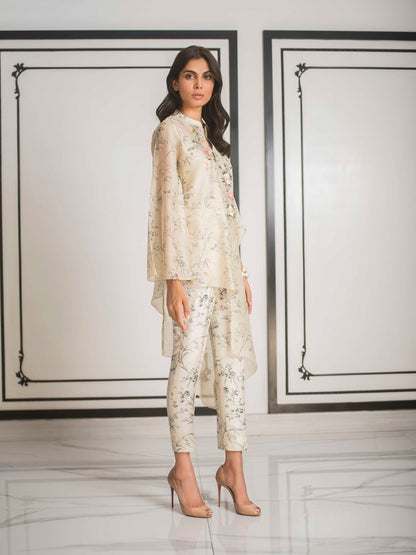 Asymmetric Printed Embroidered Cotton Net Shirt With trousers