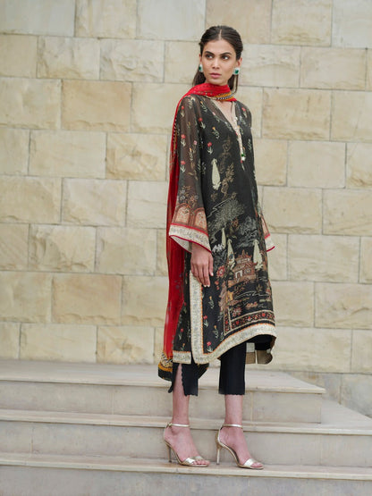 Printed Cotton Net Shirt And Raw Silk trousers with Dupatta