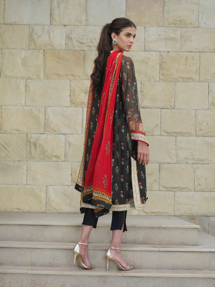 Printed Cotton Net Shirt And Raw Silk trousers with Dupatta