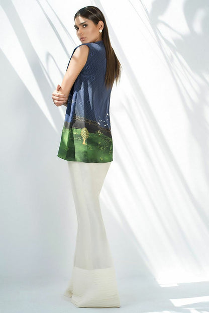 Digitally Printed Crepe Top With Raw Silk Palazzo