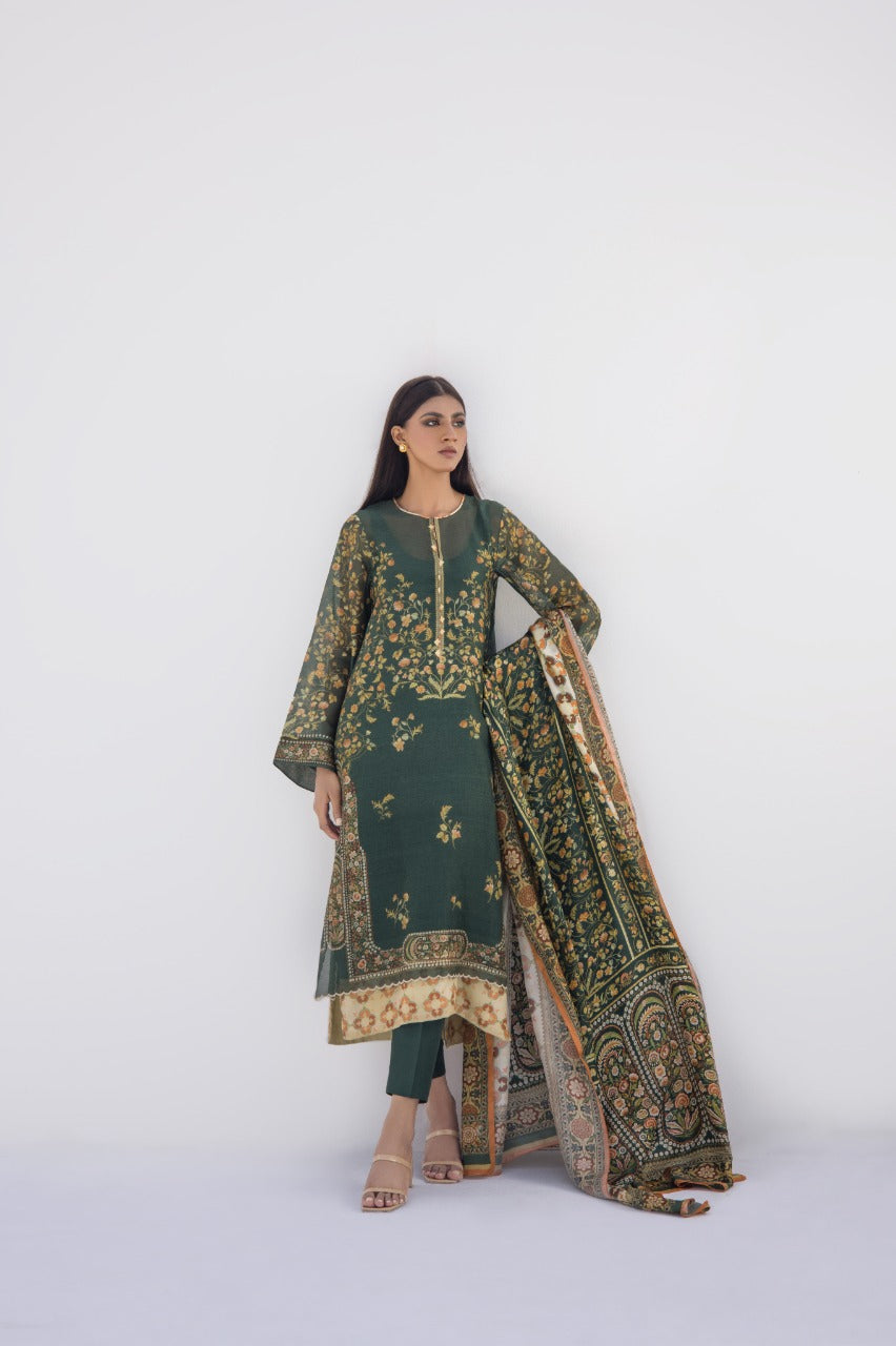 Deep Seaweed Coloured Cotton Net Kurta with Printed Silk Dupatta