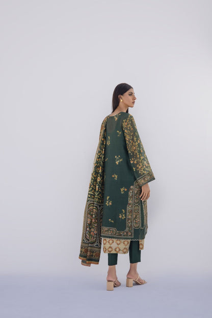 Deep Seaweed Coloured Cotton Net Kurta with Printed Silk Dupatta