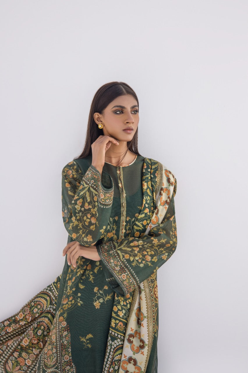 Deep Seaweed Coloured Cotton Net Kurta with Printed Silk Dupatta