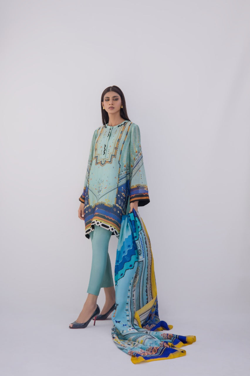 Duck egg blue cotton net printed kurta with silk dupatta