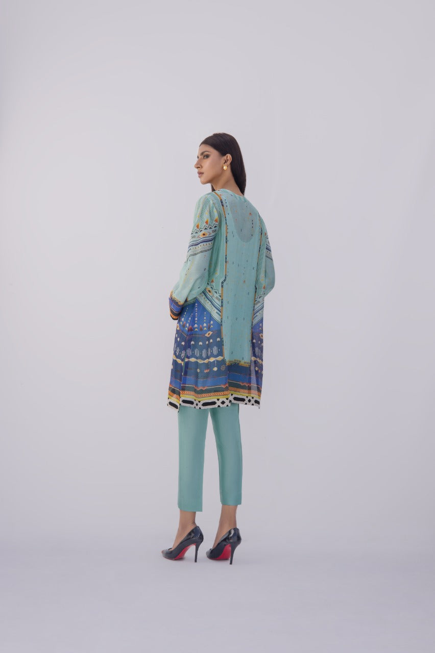 Duck egg blue cotton net printed kurta with silk dupatta