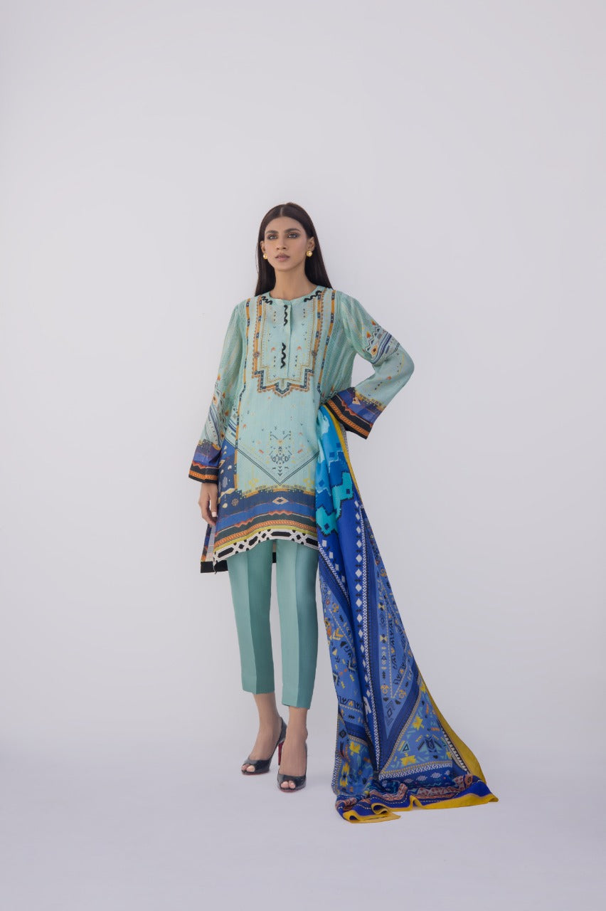 Duck egg blue cotton net printed kurta with silk dupatta