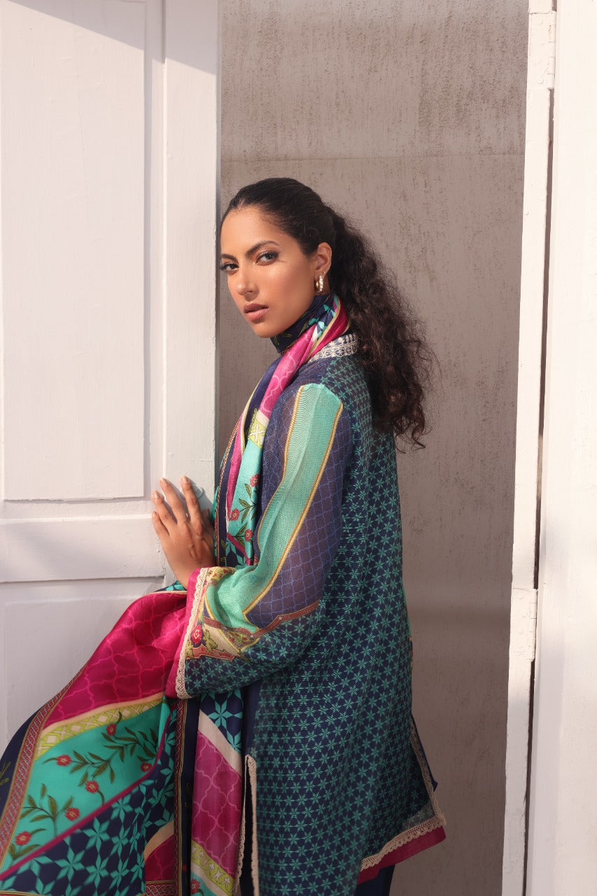 Navy And Sea Green Printed Cotton Net Kurta With Silk Dupatta