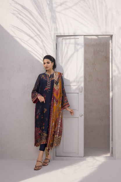 Navy printed cotton net kurta with silk dupatta