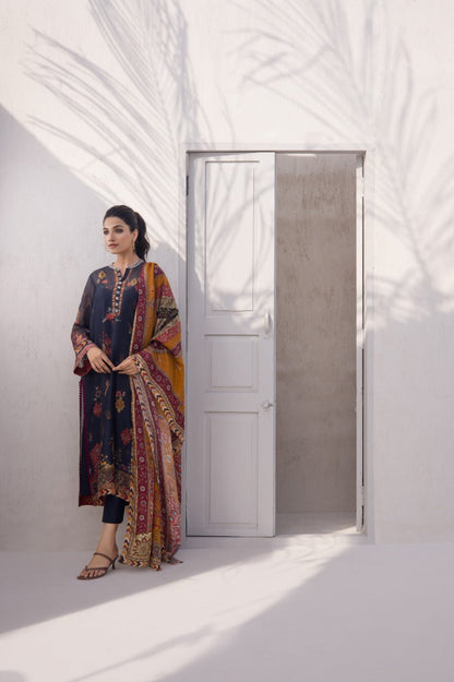 Navy printed cotton net kurta with silk dupatta
