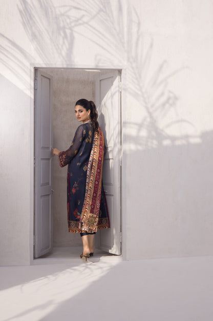 Navy printed cotton net kurta with silk dupatta