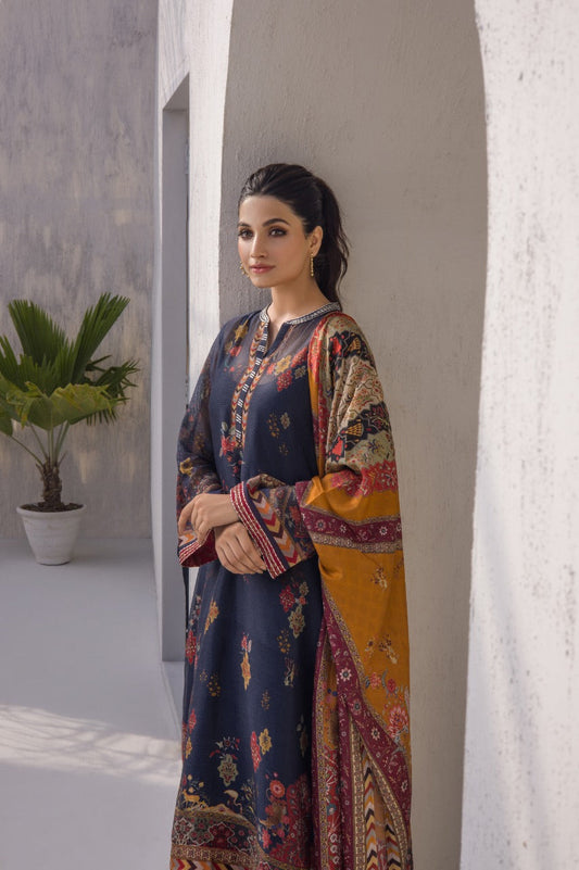 Navy printed cotton net kurta with silk dupatta