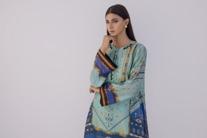 Duck egg blue cotton net printed kurta with silk dupatta