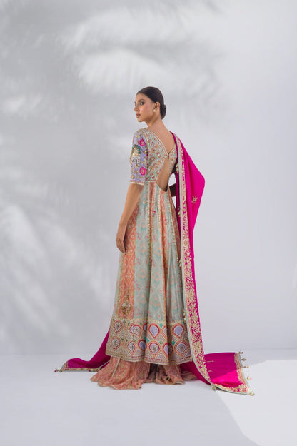 Worked Peshwas With Crushed Khaddi Silk Lengha In Pastel Shades