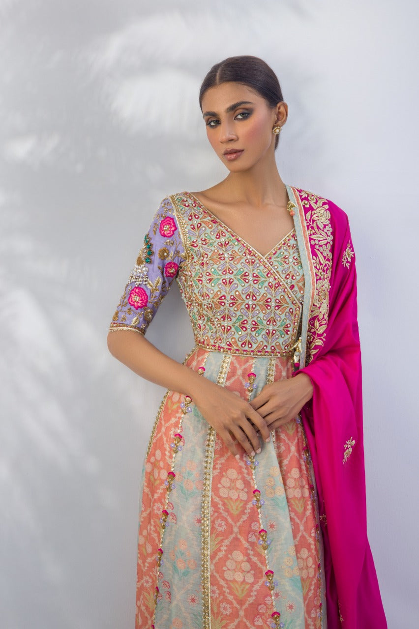 Worked Peshwas With Crushed Khaddi Silk Lengha In Pastel Shades