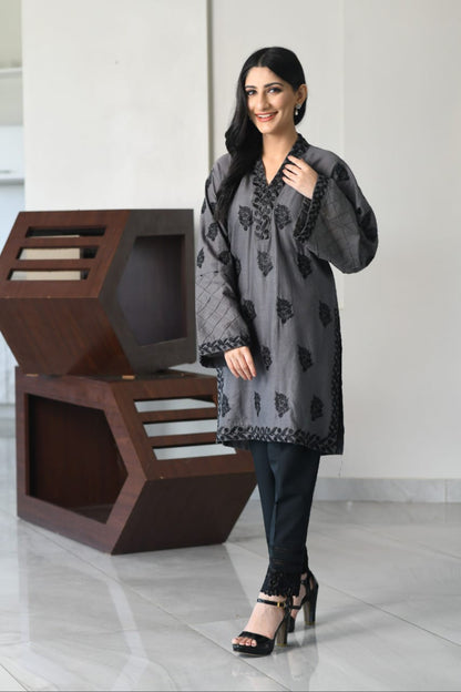 Bareeq Outfits - Grey Fully Embroidered Shirt.
