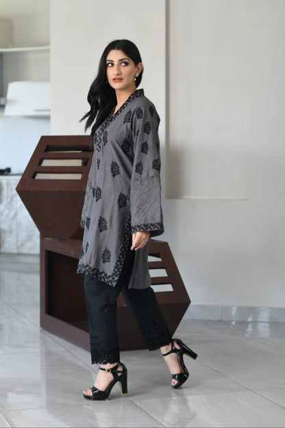Bareeq Outfits - Grey Fully Embroidered Shirt.
