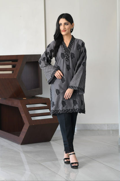 Bareeq Outfits - Grey Fully Embroidered Shirt.