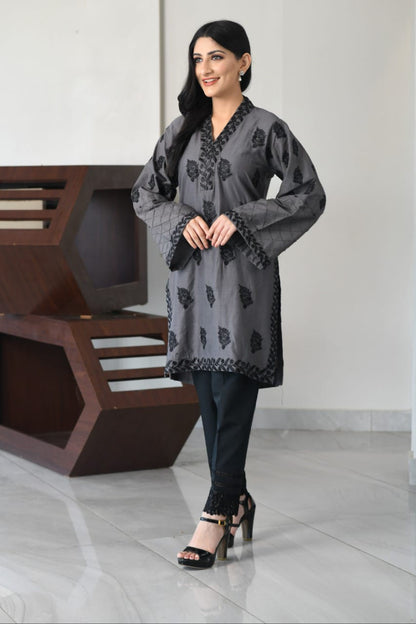 Bareeq Outfits - Grey Fully Embroidered Shirt.