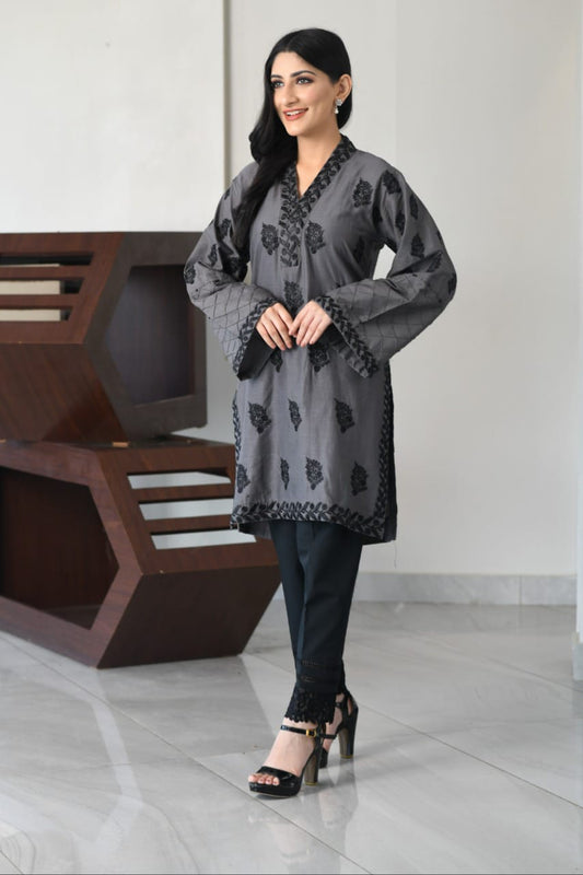Bareeq Outfits - Grey Fully Embroidered Shirt.