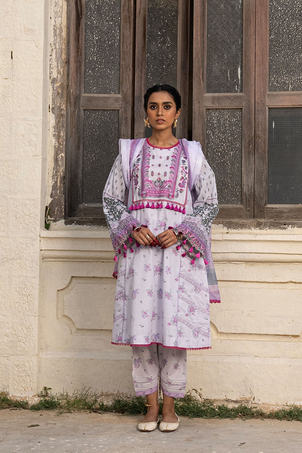 3 Pc Embroidered Lawn Suit With Yoke and Silk Dupatta