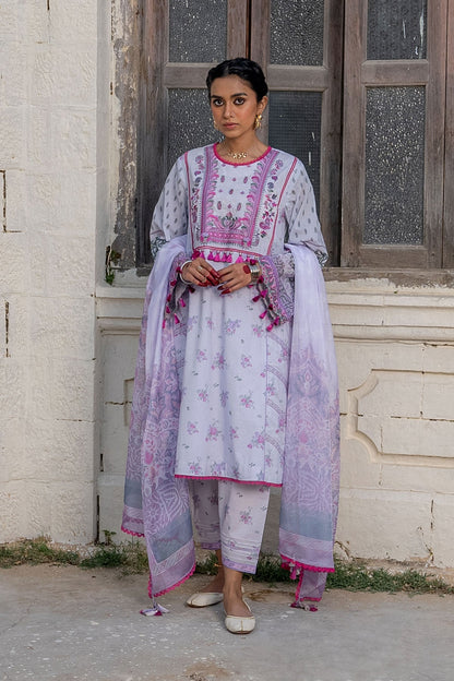 3 Pc Embroidered Lawn Suit With Yoke and Silk Dupatta