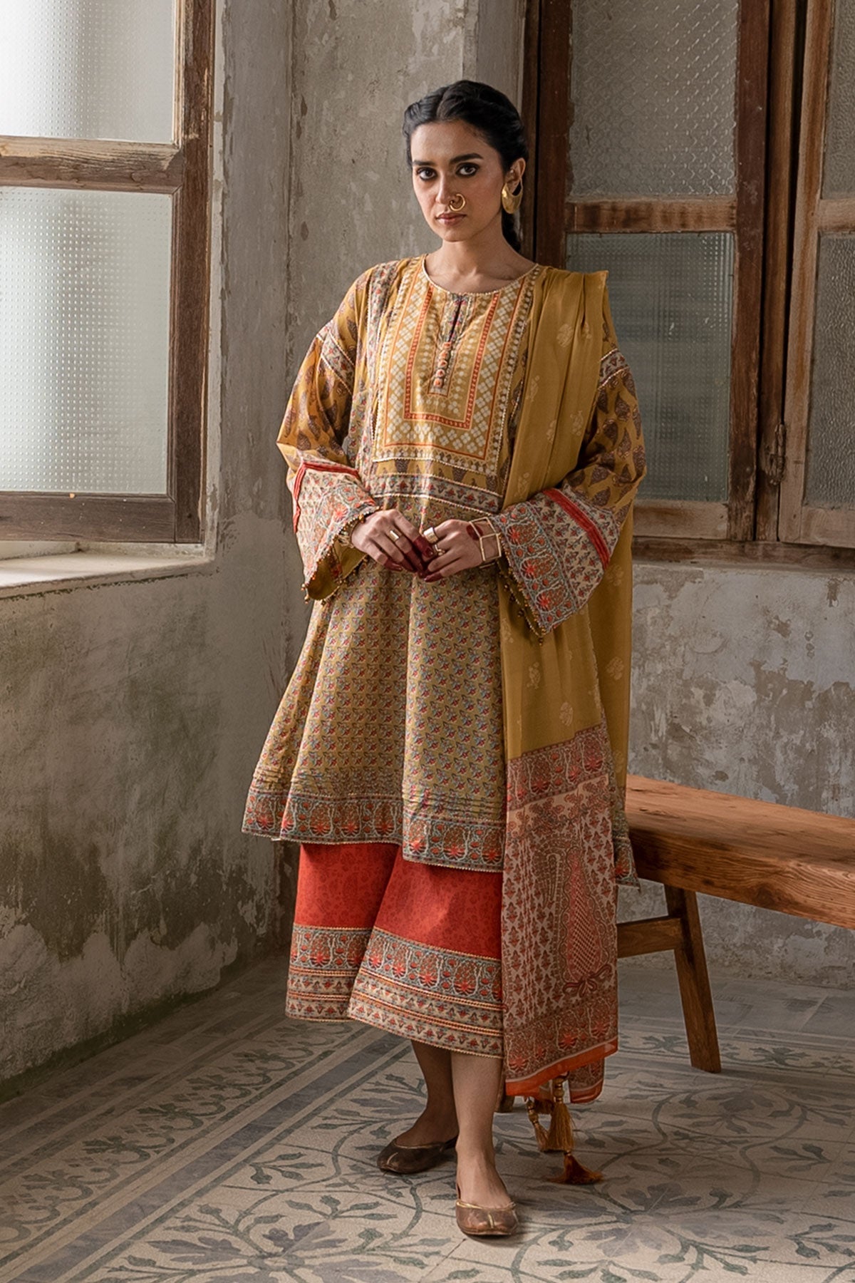 3 Pc Printed Lawn Suit With Yoke and Silk Dupatta