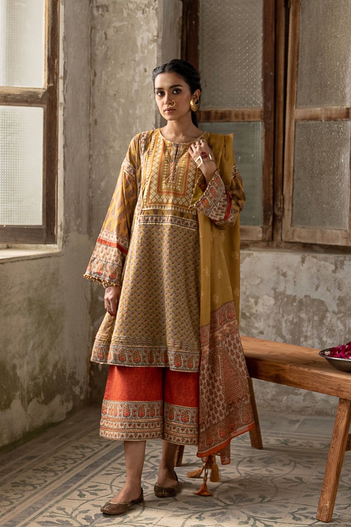 3 Pc Printed Lawn Suit With Yoke and Silk Dupatta