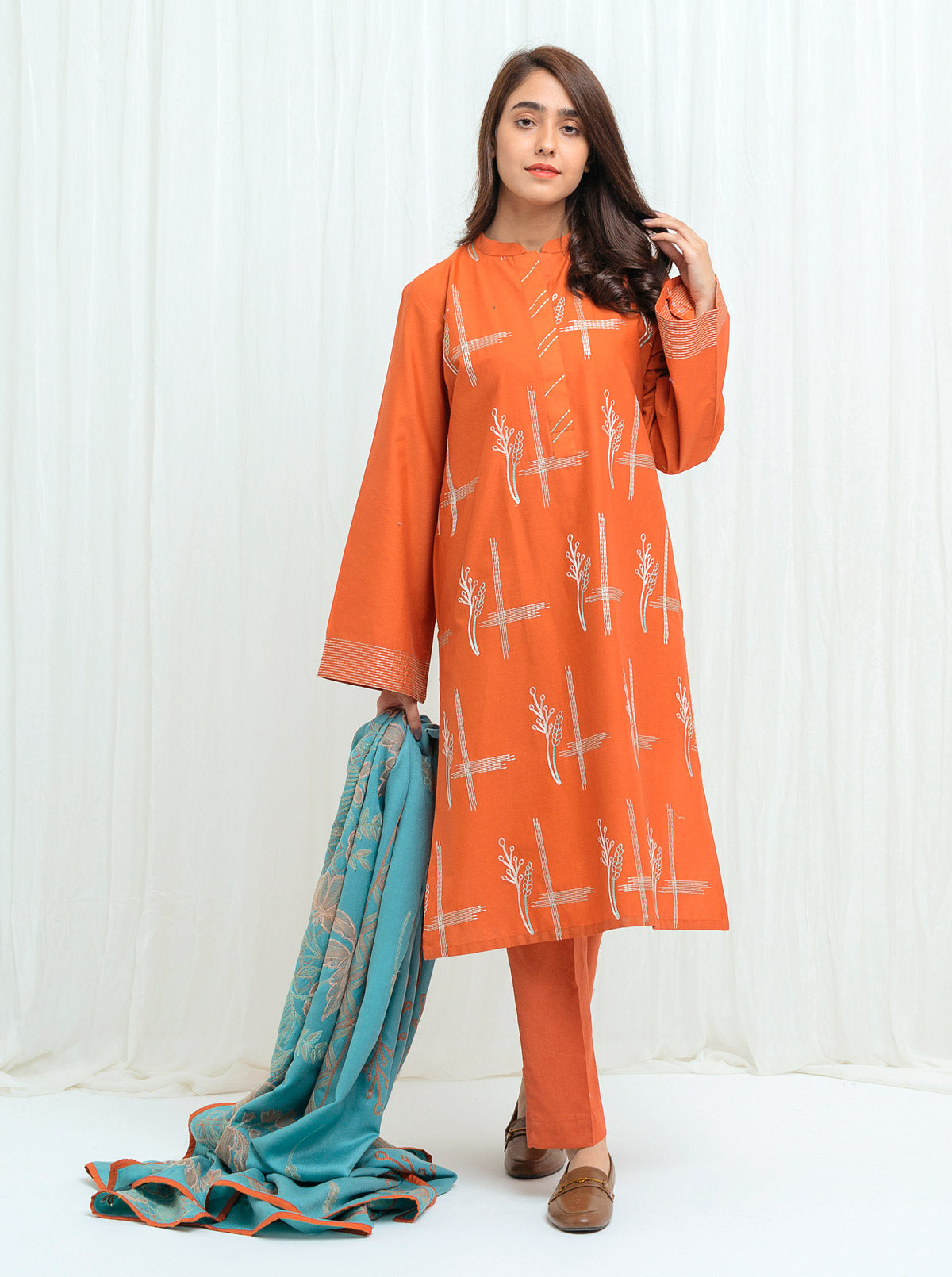 Beechtree - Autumn  Blaze With Embroidered Shawl - 3P