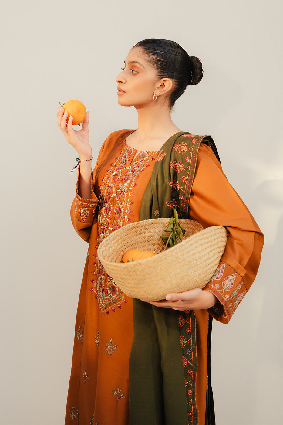 Beechtree - 3 PIECE - EMBROIDERED COTTON SATIN SUIT WITH EMBROIDERED SHAWL - BASIL DUST (UNSTITCHED)