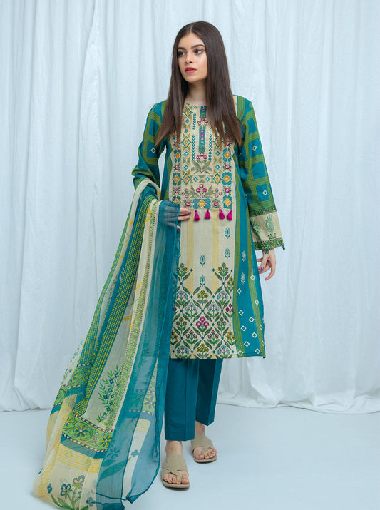 Beechtree - Vintage Teal-Embroidered-3P (UNSTITCHED)