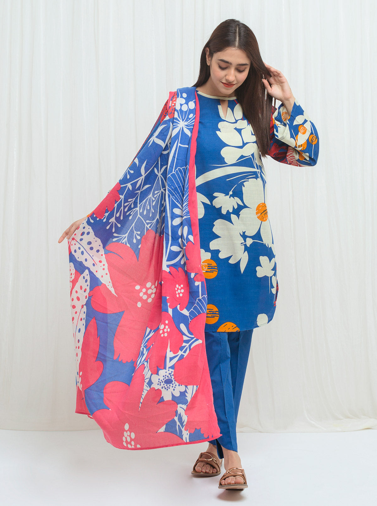 Beechtree - Blue Blossom With Printed Shawl-3P