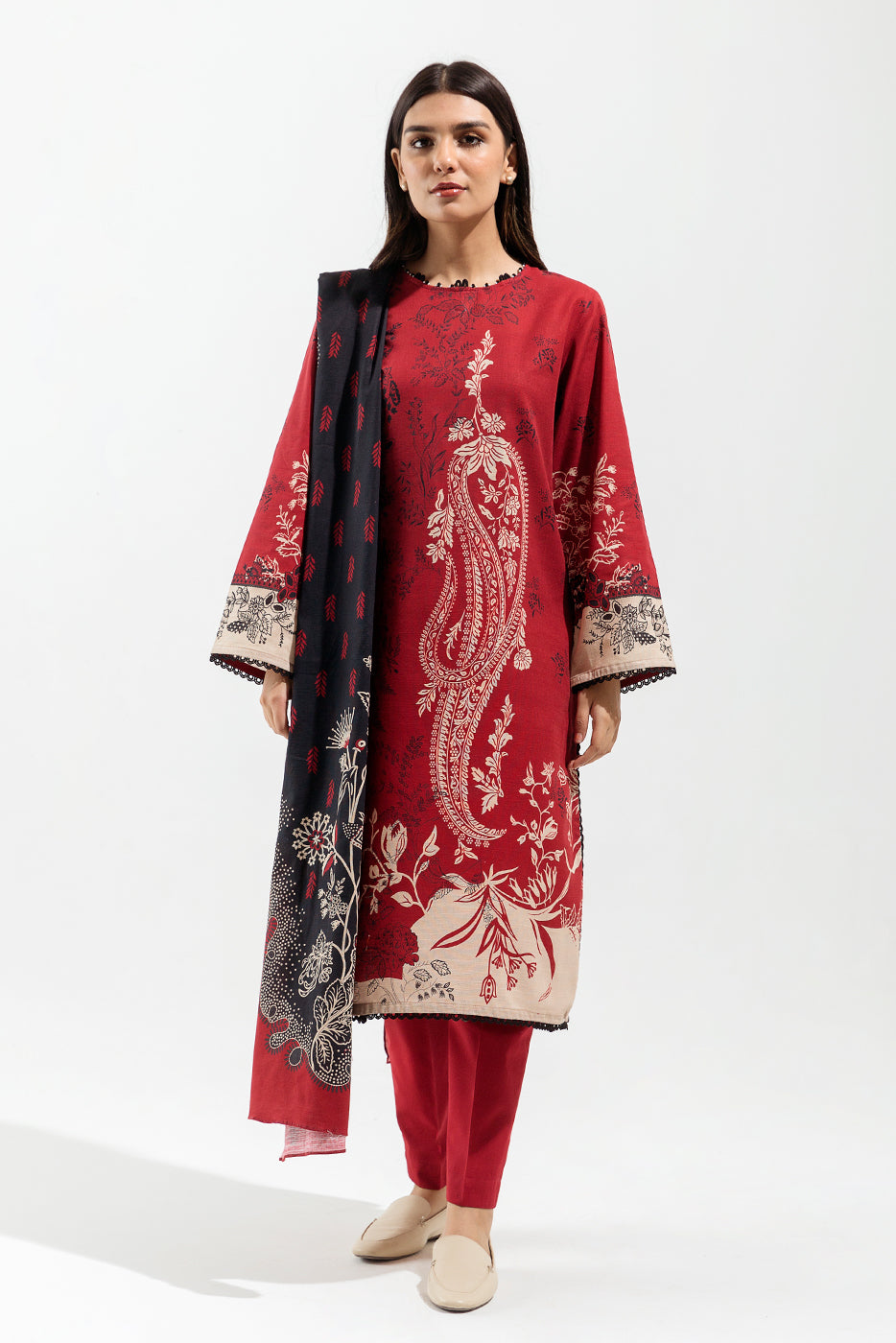 Beechtree - 3 PIECE - PRINTED KHADDAR SUIT - RUBY ADORN (UNSTITCHED)