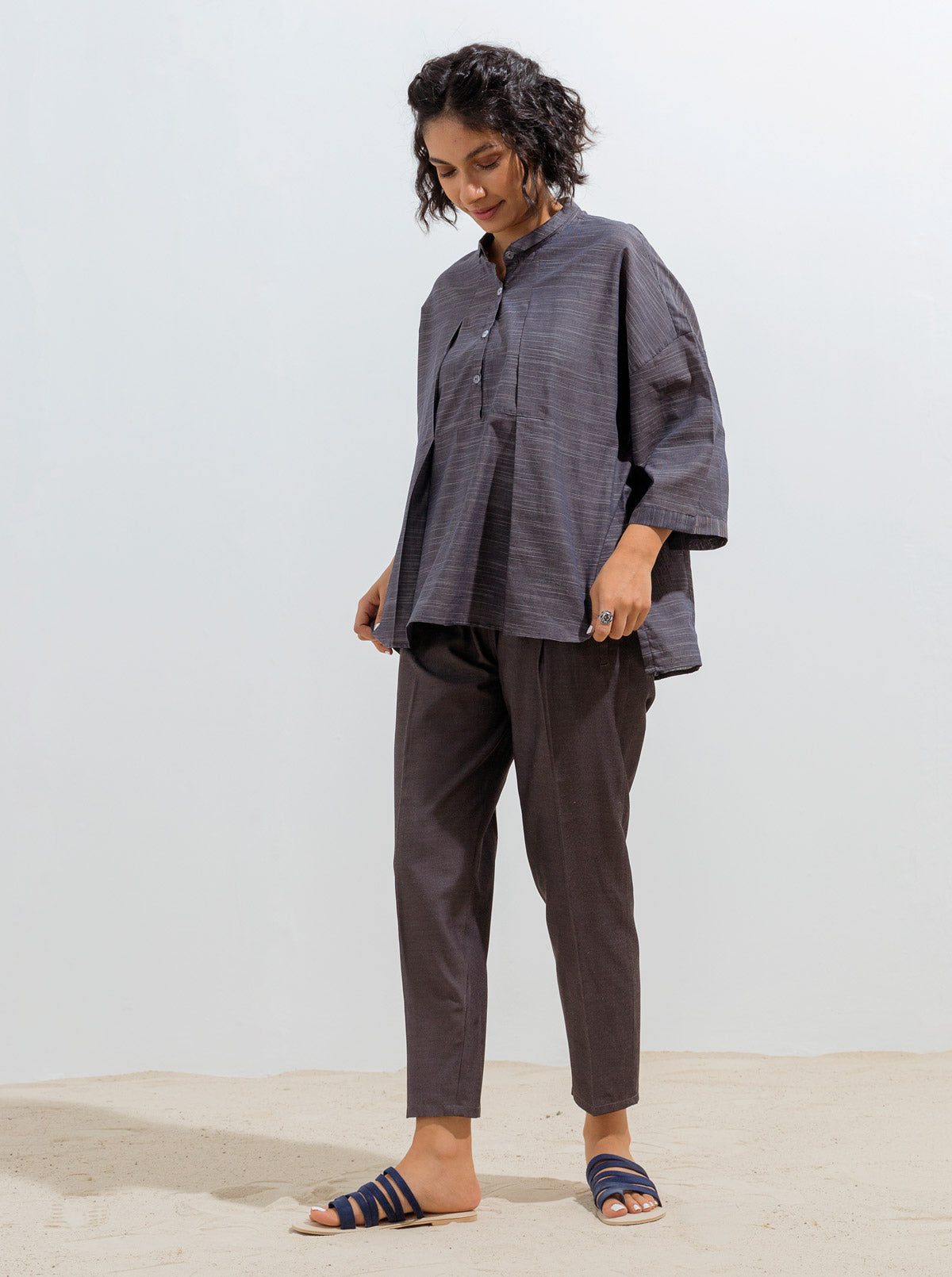 Beechtree - Navy Boxy Pleated Collar Top