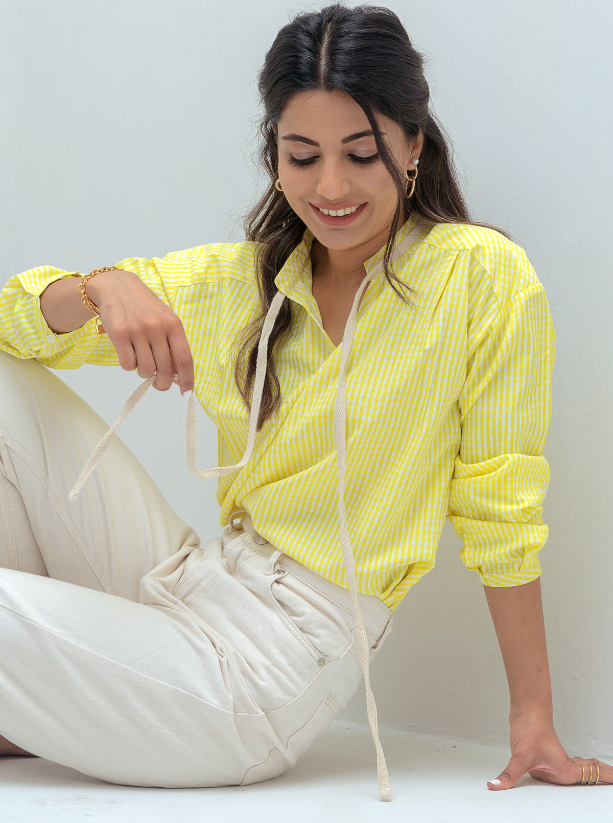 Beechtree - Yellow Check Neck Tie Blouse